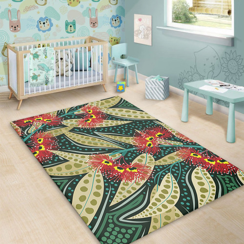 Australia Flowers Aboriginal Area Rug - Aboriginal Dot Art of Australian Native Eucalyptus Plant Area Rug Australia Flowers Aboriginal Area Rug - Aboriginal Dot Art of Australian Native Eucalyptus Plant Area Rug