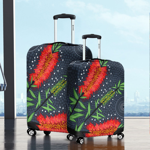 Australia Flowers Aboriginal Luggage Cover - Red Bottle Brush Tree Depicted In Aboriginal Style Luggage Cover