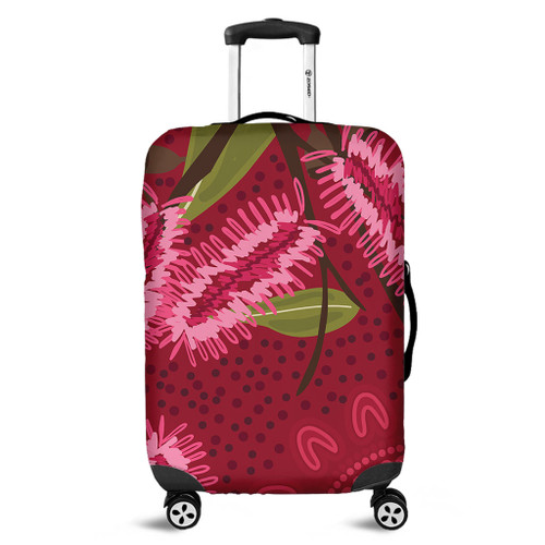 Australia Flowers Aboriginal Luggage Cover - Pink Bottle Brush Flora In Indigenous Painting Luggage Cover Australia Flowers Aboriginal Luggage Cover - Pink Bottle Brush Flora In Indigenous Painting Luggage Cover