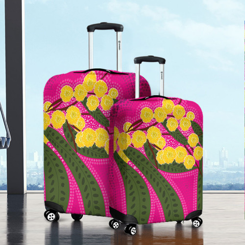 Australia Flowers Aboriginal Luggage Cover - Australian Yellow Wattle Flowers Painting In Aboriginal Dot Art Style Luggage Cover