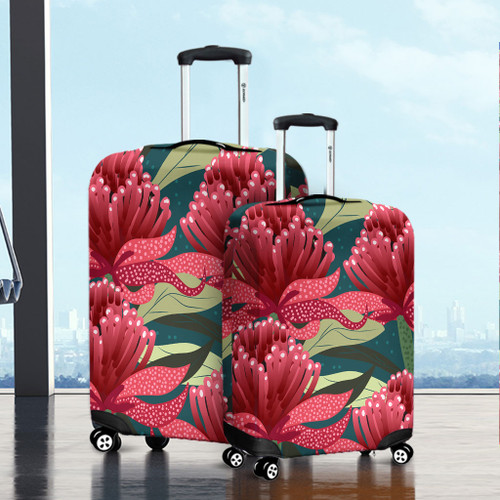 Australia Flowers Aboriginal Luggage Cover - Australian Waratah Flowers Painting In Aboriginal Style Luggage Cover