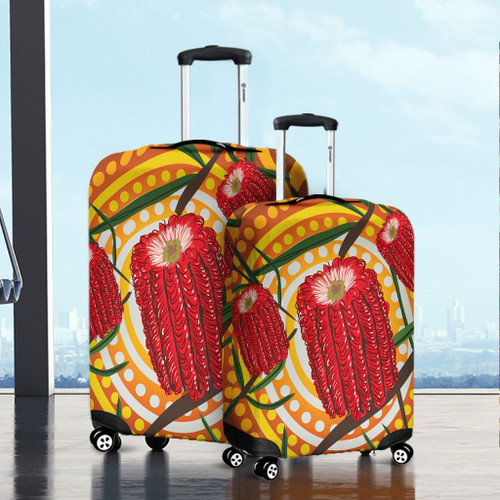 Australia Flowers Aboriginal Luggage Cover - Aboriginal Dot Painting With Red Banksia Flower Luggage Cover