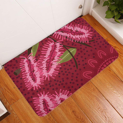 Australia Flowers Aboriginal Doormat - Pink Bottle Brush Flora In Indigenous Painting Doormat Australia Flowers Aboriginal Doormat - Pink Bottle Brush Flora In Indigenous Painting Doormat