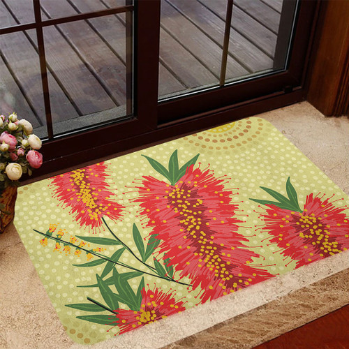 Australia Flowers Aboriginal Doormat - Aboriginal Painting Red Bottle Brush Tree Doormat