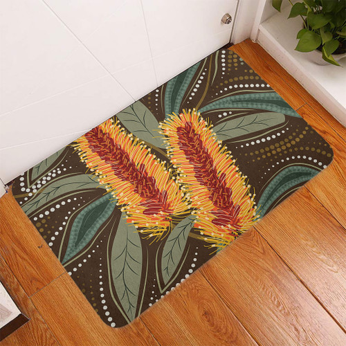 Australia Flowers Aboriginal Doormat - Aboriginal Dot Art With Yellow Banksia Flower Doormat Australia Flowers Aboriginal Doormat - Aboriginal Dot Art With Yellow Banksia Flower Doormat