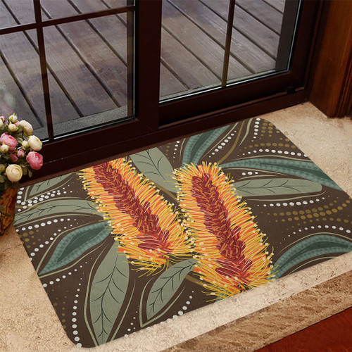 Australia Flowers Aboriginal Doormat - Aboriginal Dot Art With Yellow Banksia Flower Doormat