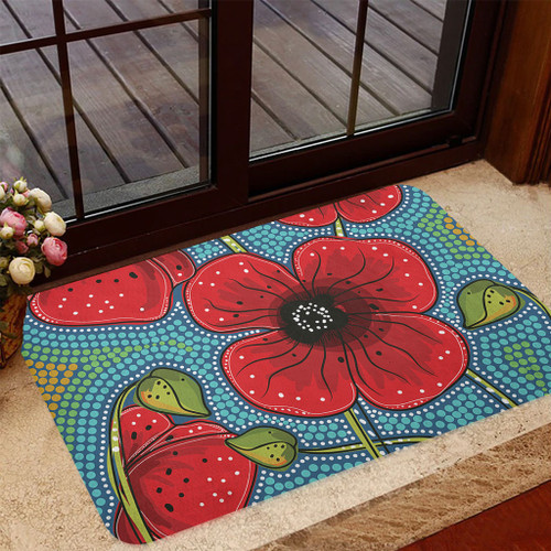 Australia Flowers Aboriginal Doormat - Aboriginal Dot Art Of Australian Poppy Flower Painting Doormat