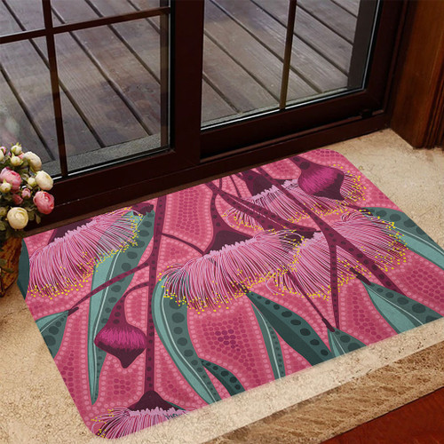 Australia Flowers Aboriginal Doormat - Aboriginal Dot Art Of Australian Native Eucalyptus Tree Branch Doormat