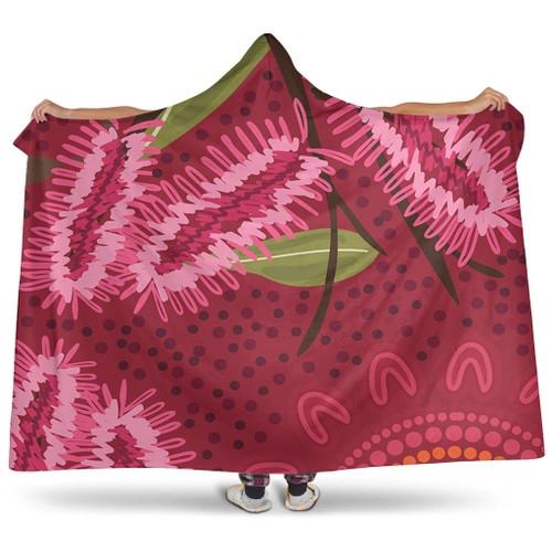 Australia Flowers Aboriginal Hooded Blanket - Pink Bottle Brush Flora In Indigenous Painting Hooded Blanket Australia Flowers Aboriginal Hooded Blanket - Pink Bottle Brush Flora In Indigenous Painting Hooded Blanket