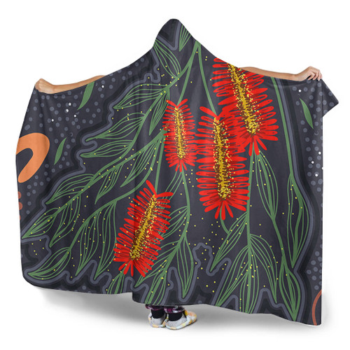Australia Flowers Aboriginal Hooded Blanket - Bottle Brush Medicinal Plant Art Hooded Blanket