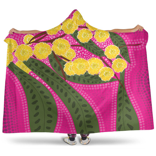 Australia Flowers Aboriginal Hooded Blanket - Australian Yellow Wattle Flowers Painting In Aboriginal Dot Art Style Hooded Blanket Australia Flowers Aboriginal Hooded Blanket - Australian Yellow Wattle Flowers Painting In Aboriginal Dot Art Style Hooded Blanket