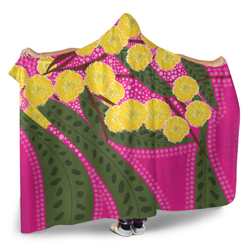 Australia Flowers Aboriginal Hooded Blanket - Australian Yellow Wattle Flowers Painting In Aboriginal Dot Art Style Hooded Blanket Australia Flowers Aboriginal Hooded Blanket - Australian Yellow Wattle Flowers Painting In Aboriginal Dot Art Style Hooded Blanket