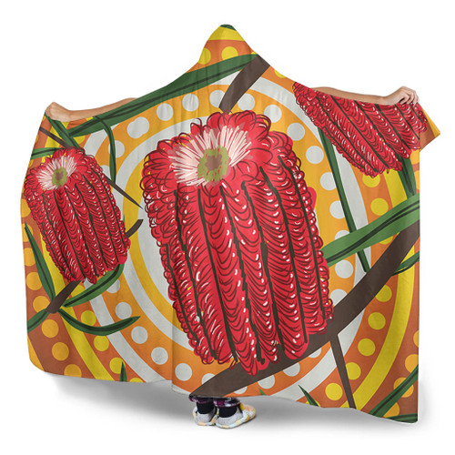Australia Flowers Aboriginal Hooded Blanket - Aboriginal Dot Painting With Red Banksia Flower Hooded Blanket