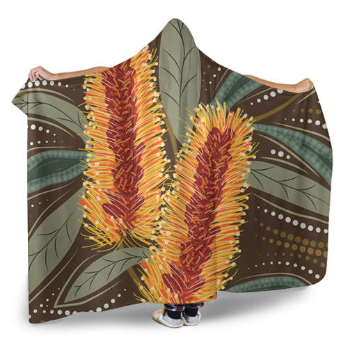 Australia Flowers Aboriginal Hooded Blanket - Aboriginal Dot Art With Yellow Banksia Flower Hooded Blanket Australia Flowers Aboriginal Hooded Blanket - Aboriginal Dot Art With Yellow Banksia Flower Hooded Blanket