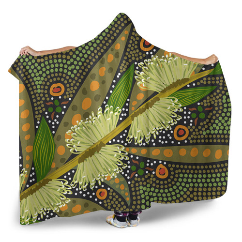 Australia Flowers Aboriginal Hooded Blanket - Aboriginal Dot Art Of Australian Native Flower Hakea Sericea Hooded Blanket Australia Flowers Aboriginal Hooded Blanket - Aboriginal Dot Art Of Australian Native Flower Hakea Sericea Hooded Blanket