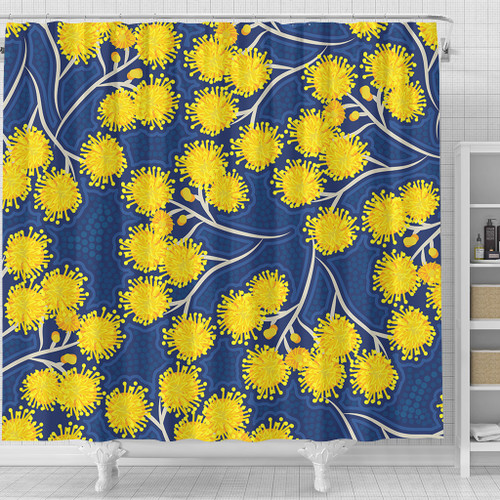 Australia Flowers Aboriginal Shower Curtain - Yellow Wattle Flowers With Aboriginal Dot Art Shower Curtain