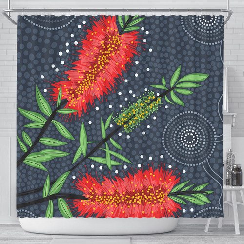 Australia Flowers Aboriginal Shower Curtain - Red Bottle Brush Tree Depicted In Aboriginal Style Shower Curtain Australia Flowers Aboriginal Shower Curtain - Red Bottle Brush Tree Depicted In Aboriginal Style Shower Curtain