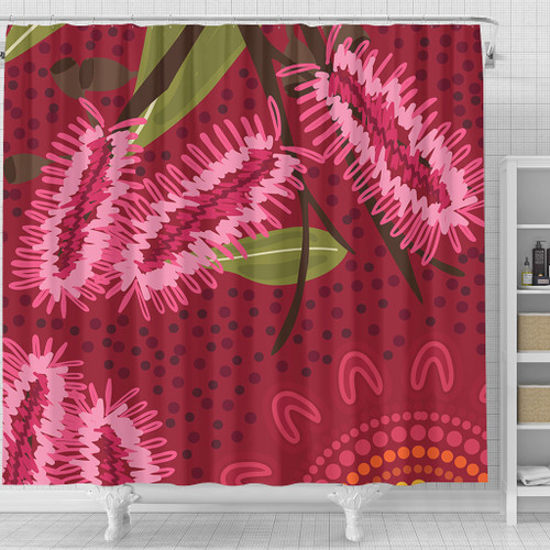 Australia Flowers Aboriginal Shower Curtain - Pink Bottle Brush Flora In Indigenous Painting Shower Curtain