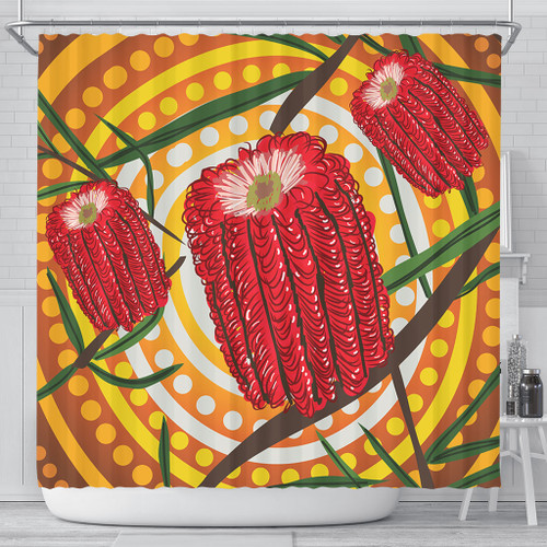 Australia Flowers Aboriginal Shower Curtain - Aboriginal Dot Painting With Red Banksia Flower Shower Curtain