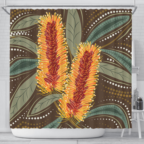 Australia Flowers Aboriginal Shower Curtain - Aboriginal Dot Art With Yellow Banksia Flower Shower Curtain Australia Flowers Aboriginal Shower Curtain - Aboriginal Dot Art With Yellow Banksia Flower Shower Curtain