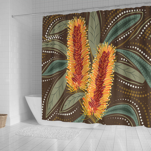 Australia Flowers Aboriginal Shower Curtain - Aboriginal Dot Art With Yellow Banksia Flower Shower Curtain Australia Flowers Aboriginal Shower Curtain - Aboriginal Dot Art With Yellow Banksia Flower Shower Curtain