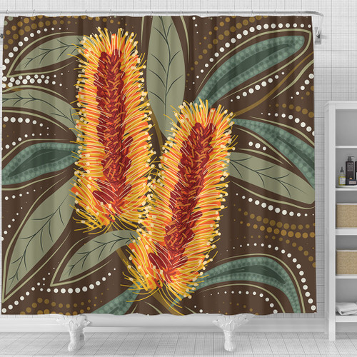 Australia Flowers Aboriginal Shower Curtain - Aboriginal Dot Art With Yellow Banksia Flower Shower Curtain