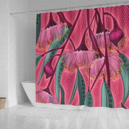 Australia Flowers Aboriginal Shower Curtain - Aboriginal Dot Art Of Australian Native Eucalyptus Tree Branch Shower Curtain Australia Flowers Aboriginal Shower Curtain - Aboriginal Dot Art Of Australian Native Eucalyptus Tree Branch Shower Curtain