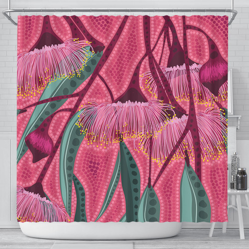 Australia Flowers Aboriginal Shower Curtain - Aboriginal Dot Art Of Australian Native Eucalyptus Tree Branch Shower Curtain Australia Flowers Aboriginal Shower Curtain - Aboriginal Dot Art Of Australian Native Eucalyptus Tree Branch Shower Curtain