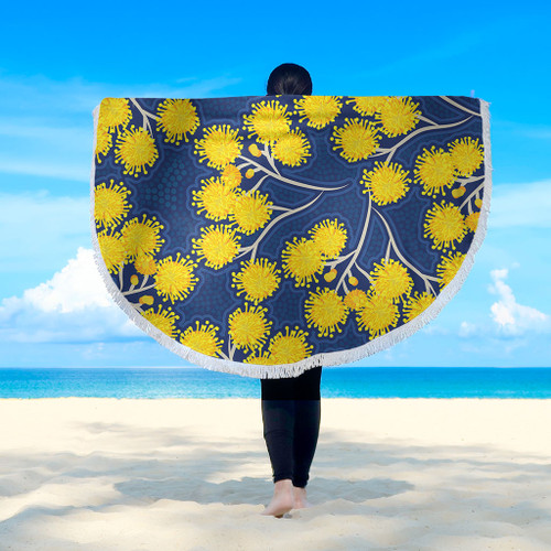 Australia Flowers Aboriginal Beach Blanket - Yellow Wattle Flowers With Aboriginal Dot Art Beach Blanket Australia Flowers Aboriginal Beach Blanket - Yellow Wattle Flowers With Aboriginal Dot Art Beach Blanket