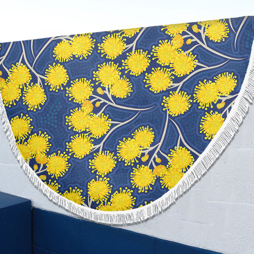 Australia Flowers Aboriginal Beach Blanket - Yellow Wattle Flowers With Aboriginal Dot Art Beach Blanket Australia Flowers Aboriginal Beach Blanket - Yellow Wattle Flowers With Aboriginal Dot Art Beach Blanket