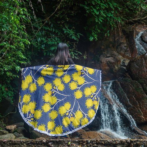 Australia Flowers Aboriginal Beach Blanket - Yellow Wattle Flowers With Aboriginal Dot Art Beach Blanket Australia Flowers Aboriginal Beach Blanket - Yellow Wattle Flowers With Aboriginal Dot Art Beach Blanket
