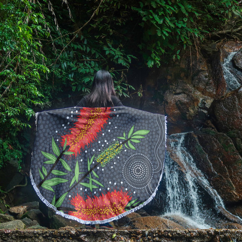 Australia Flowers Aboriginal Beach Blanket - Red Bottle Brush Tree Depicted In Aboriginal Style Beach Blanket