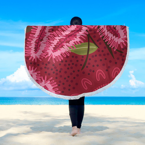 Australia Flowers Aboriginal Beach Blanket - Pink Bottle Brush Flora In Indigenous Painting Beach Blanket Australia Flowers Aboriginal Beach Blanket - Pink Bottle Brush Flora In Indigenous Painting Beach Blanket