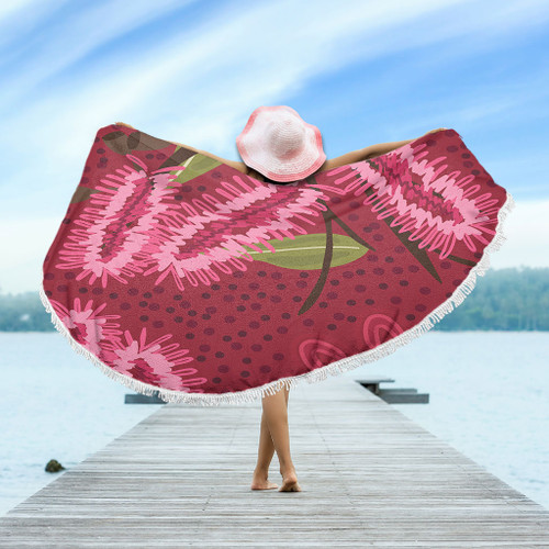Australia Flowers Aboriginal Beach Blanket - Pink Bottle Brush Flora In Indigenous Painting Beach Blanket Australia Flowers Aboriginal Beach Blanket - Pink Bottle Brush Flora In Indigenous Painting Beach Blanket