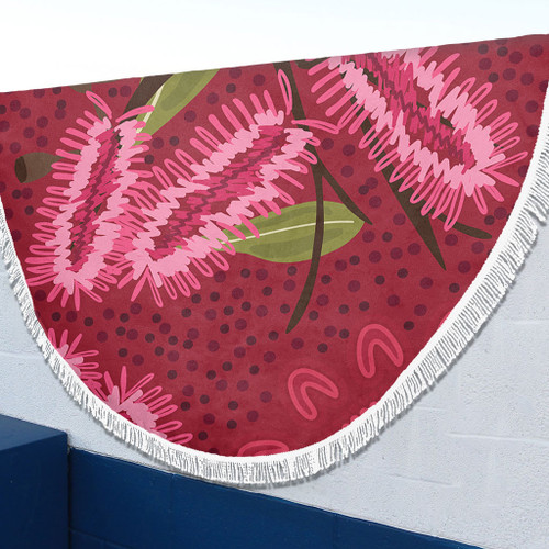 Australia Flowers Aboriginal Beach Blanket - Pink Bottle Brush Flora In Indigenous Painting Beach Blanket Australia Flowers Aboriginal Beach Blanket - Pink Bottle Brush Flora In Indigenous Painting Beach Blanket