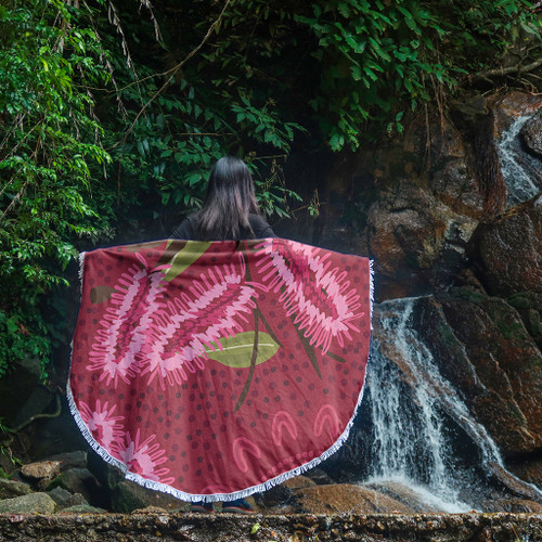 Australia Flowers Aboriginal Beach Blanket - Pink Bottle Brush Flora In Indigenous Painting Beach Blanket Australia Flowers Aboriginal Beach Blanket - Pink Bottle Brush Flora In Indigenous Painting Beach Blanket