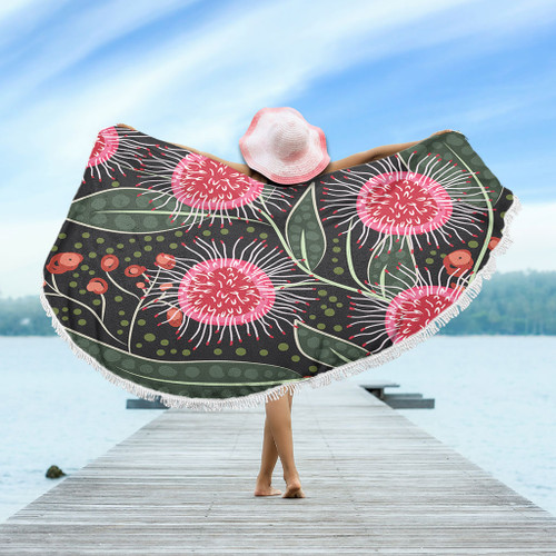 Australia Flowers Aboriginal Beach Blanket - Aboriginal Style Australian Hakea Flower Beach Blanket