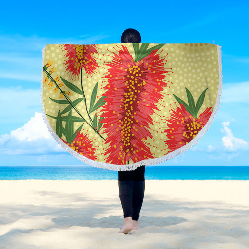 Australia Flowers Aboriginal Beach Blanket - Aboriginal Painting Red Bottle Brush Tree Beach Blanket Australia Flowers Aboriginal Beach Blanket - Aboriginal Painting Red Bottle Brush Tree Beach Blanket