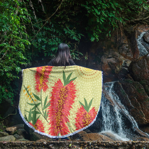 Australia Flowers Aboriginal Beach Blanket - Aboriginal Painting Red Bottle Brush Tree Beach Blanket Australia Flowers Aboriginal Beach Blanket - Aboriginal Painting Red Bottle Brush Tree Beach Blanket