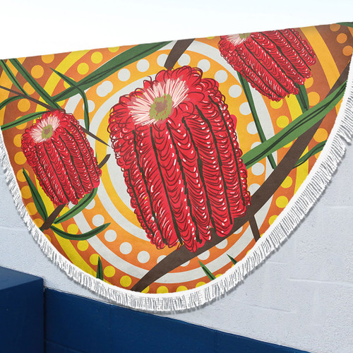 Australia Flowers Aboriginal Beach Blanket - Aboriginal Dot Painting With Red Banksia Flower Beach Blanket Australia Flowers Aboriginal Beach Blanket - Aboriginal Dot Painting With Red Banksia Flower Beach Blanket