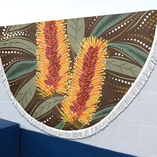 Australia Flowers Aboriginal Beach Blanket - Aboriginal Dot Art With Yellow Banksia Flower Beach Blanket Australia Flowers Aboriginal Beach Blanket - Aboriginal Dot Art With Yellow Banksia Flower Beach Blanket