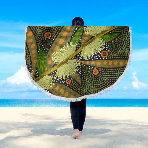 Australia Flowers Aboriginal Beach Blanket - Aboriginal Dot Art Of Australian Native Flower Hakea Sericea Beach Blanket Australia Flowers Aboriginal Beach Blanket - Aboriginal Dot Art Of Australian Native Flower Hakea Sericea Beach Blanket