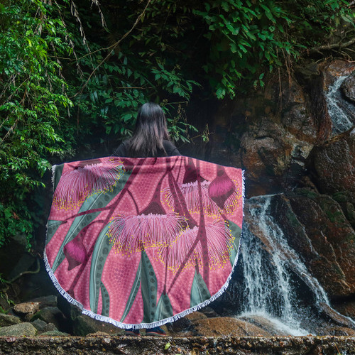 Australia Flowers Aboriginal Beach Blanket - Aboriginal Dot Art Of Australian Native Eucalyptus Tree Branch Beach Blanket Australia Flowers Aboriginal Beach Blanket - Aboriginal Dot Art Of Australian Native Eucalyptus Tree Branch Beach Blanket