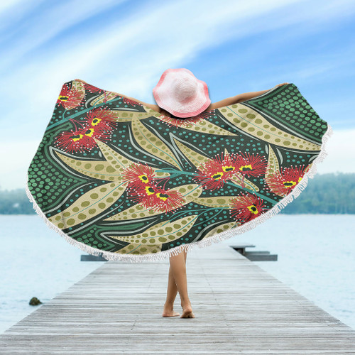 Australia Flowers Aboriginal Beach Blanket - Aboriginal Dot Art of Australian Native Eucalyptus Plant Beach Blanket Australia Flowers Aboriginal Beach Blanket - Aboriginal Dot Art of Australian Native Eucalyptus Plant Beach Blanket