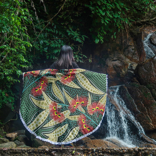 Australia Flowers Aboriginal Beach Blanket - Aboriginal Dot Art of Australian Native Eucalyptus Plant Beach Blanket Australia Flowers Aboriginal Beach Blanket - Aboriginal Dot Art of Australian Native Eucalyptus Plant Beach Blanket