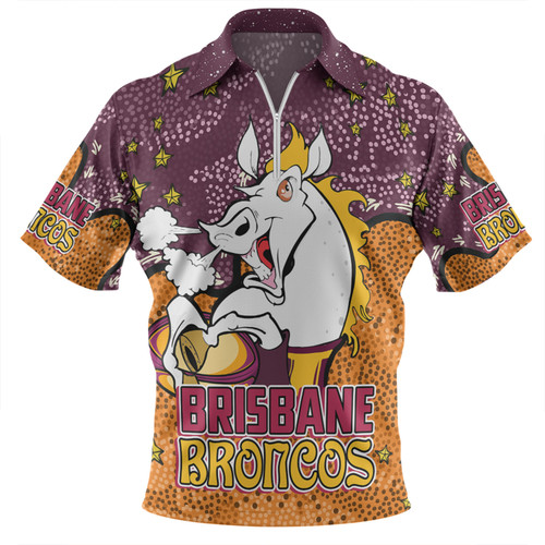 Brisbane Broncos Custom Zip Polo Shirt - Team With Dot And Star Patterns For Tough Fan Zip Polo Shirt