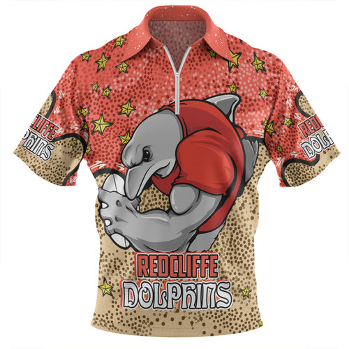 Redcliffe Dolphins Custom Zip Polo Shirt - Team With Dot And Star Patterns For Tough Fan Zip Polo Shirt