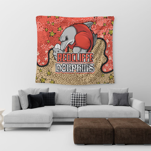 Redcliffe Dolphins Custom Tapestry - Team With Dot And Star Patterns For Tough Fan Tapestry