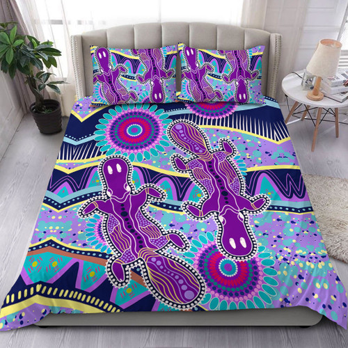 Australia Animals Platypus Aboriginal Bedding Set - Purple Platypus With Aboriginal Art Dot Painting Patterns Inspired Bedding Set