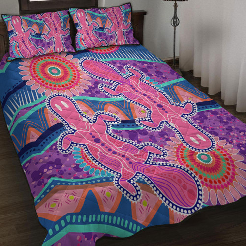 Australia Animals Platypus Aboriginal Quilt Bed Set - Pink Platypus With Aboriginal Art Dot Painting Patterns Inspired Quilt Bed Set